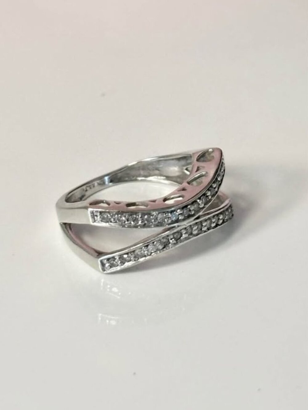 10K White Gold AAJ Diamond Crisscross Heart Cutout Ring